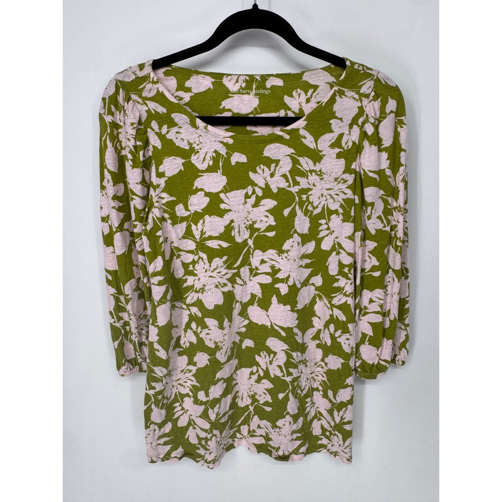 Soft Surroundings Linen Top Womens PM Green Pink EUC Floral 3/4 Sleeve Blouse